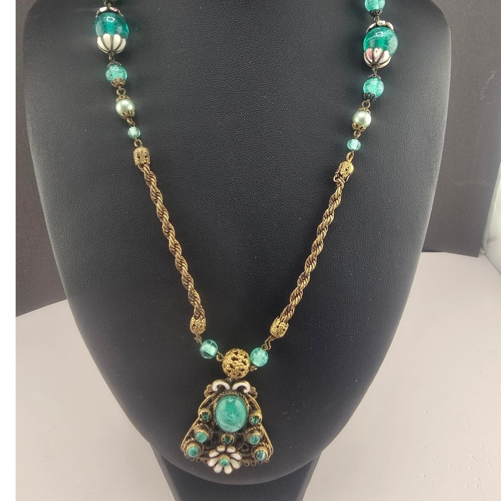 Vintage Estate Pendant Necklace Czech Art Deco Green Glass Bead Enamel  22 In